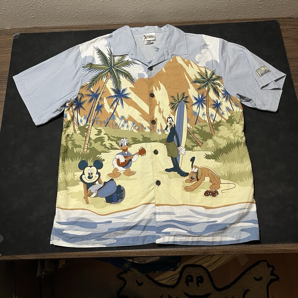 Vintage Disney Mickey Hawaiian Shirt Large Volcano Bay All Over Print Goofy 90s